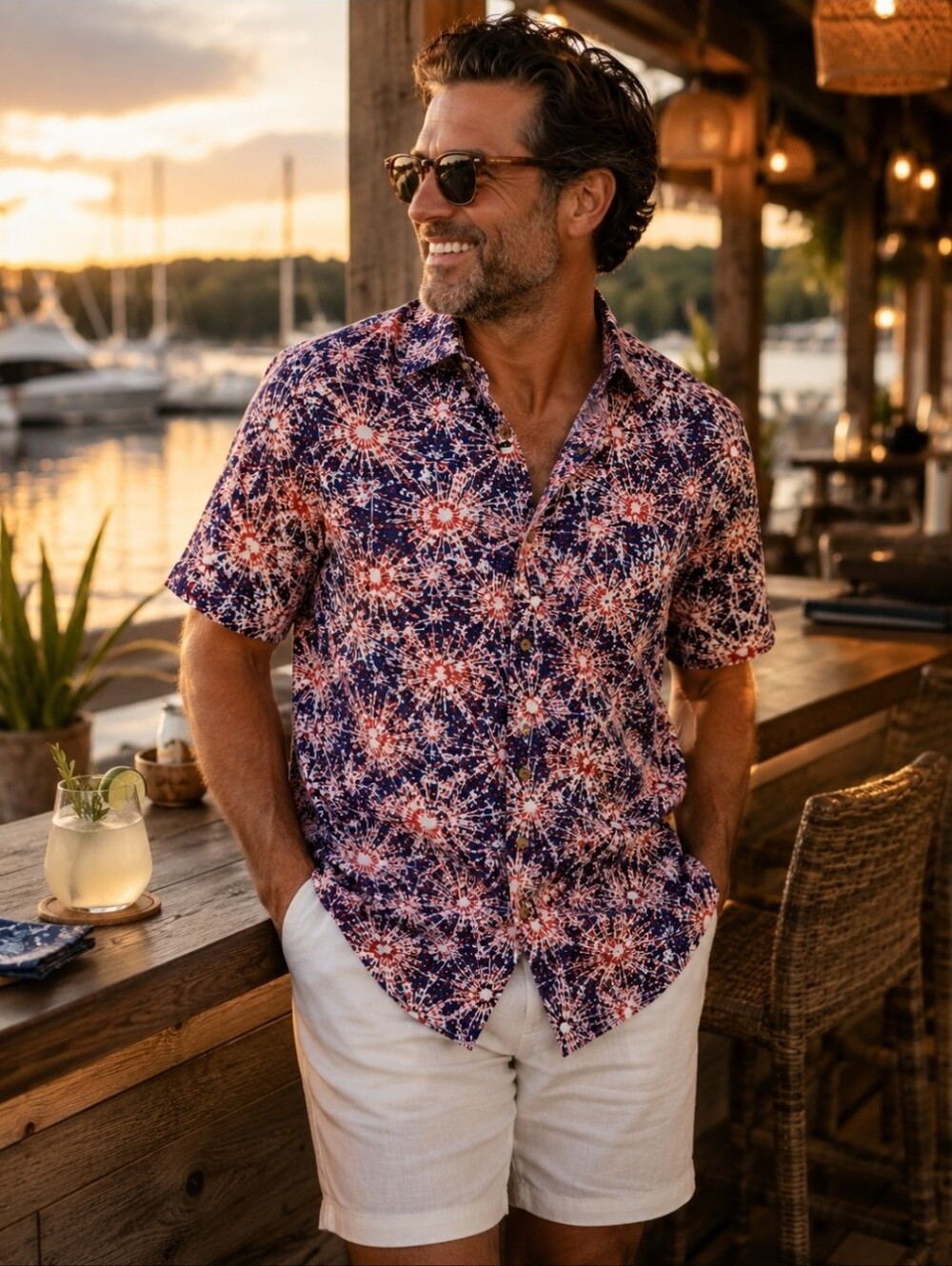 Oliver & Burke Fireworks Button Up Shirt XL Patriotic 4th July Resort Camp Shirt
